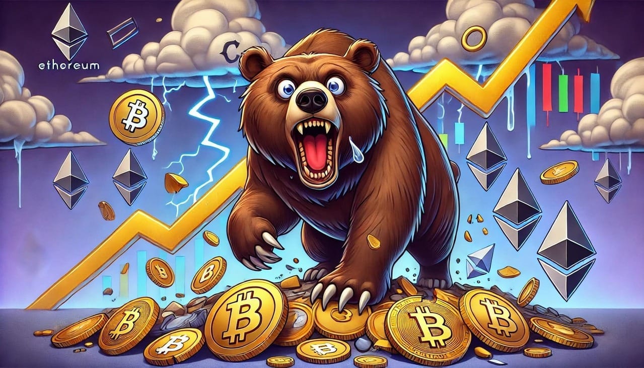 DALL·E 2024 12 27 21.54.29 A cartoon style depiction of a cryptocurrency bear market. The scene features a stylized animated bear with exaggerated bold features looming over 1