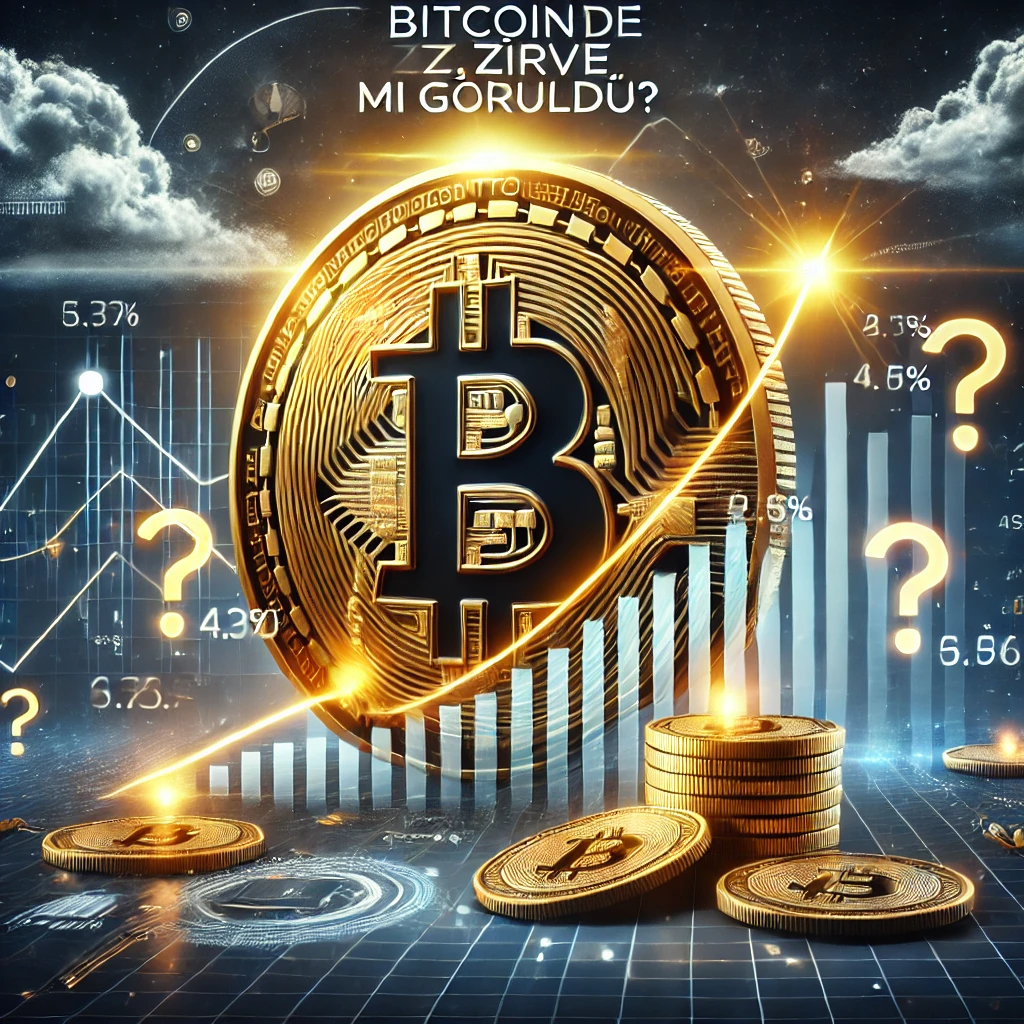 DALL·E 2025 02 11 17.02.32 A striking financial themed digital illustration featuring Bitcoin at a market peak. The image includes a large golden Bitcoin coin with a fluctuatin
