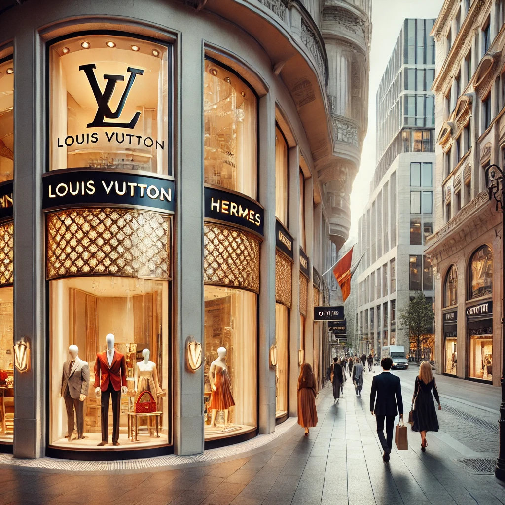 DALL·E 2025 02 14 08.39.04 A luxury shopping street with high end brand stores like Louis Vuitton Hermes and Cartier. The Cartier store is clearly visible with its iconic red