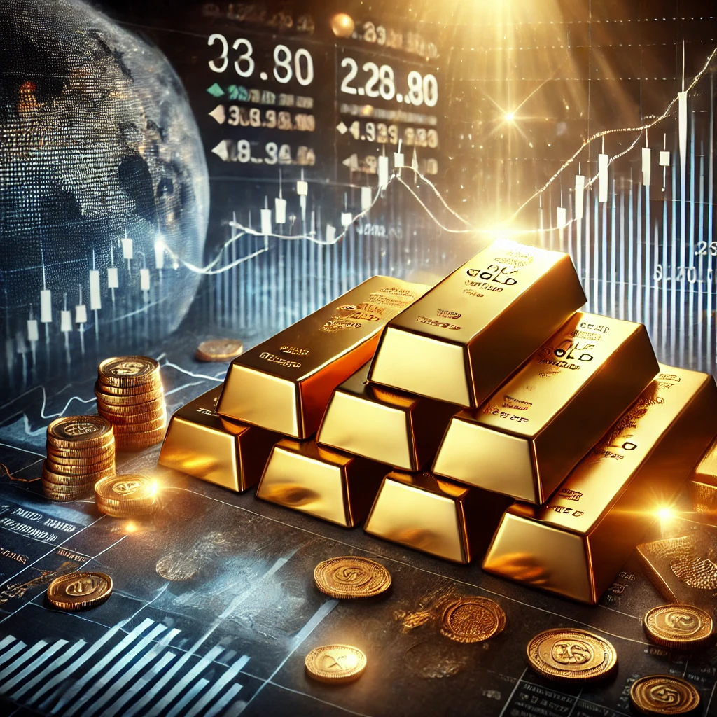 DALL·E 2025 02 14 18.18.37 A dramatic and visually striking image of a stack of gold bars shining under a spotlight symbolizing rising gold prices. In the background a stock m