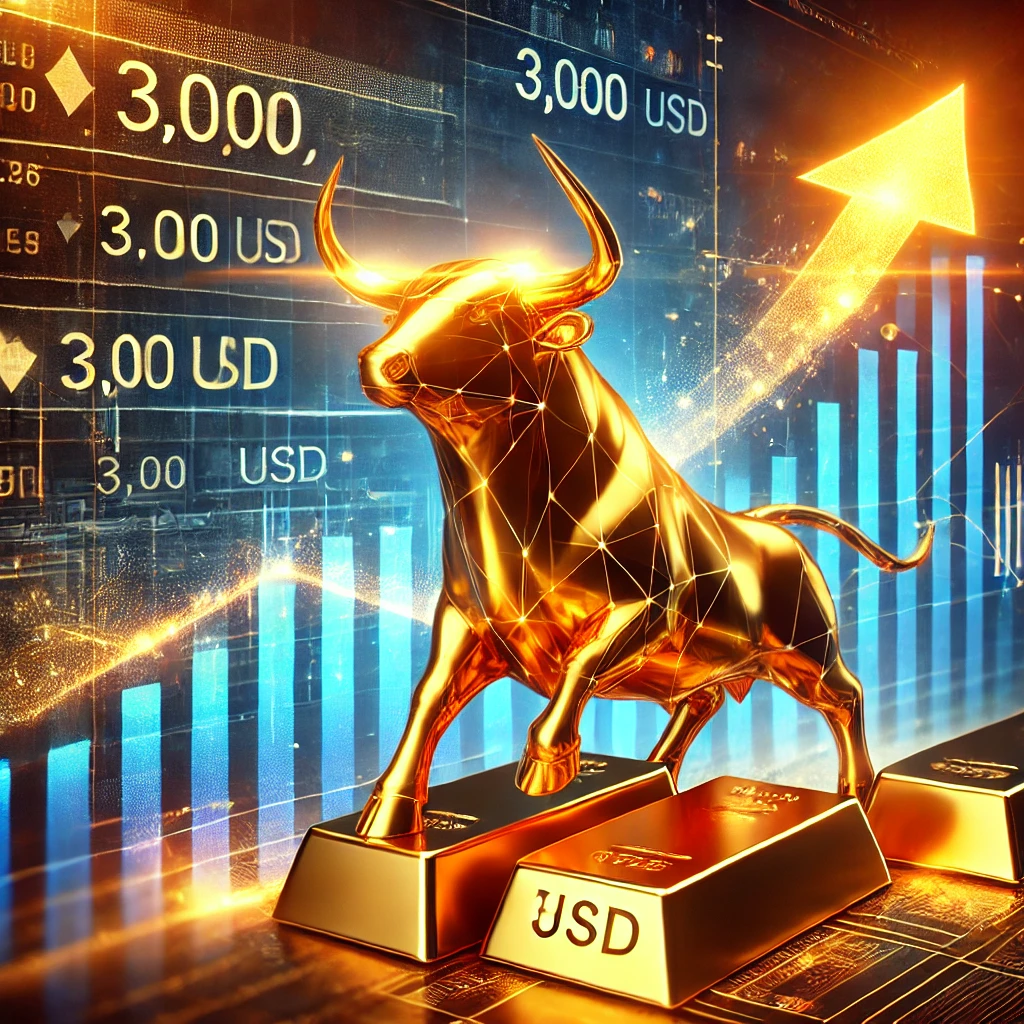 DALL·E 2025 02 15 14.58.02 A futuristic financial chart showing a soaring gold price with a glowing golden bull symbolizing the bullish trend. The background features gold bars