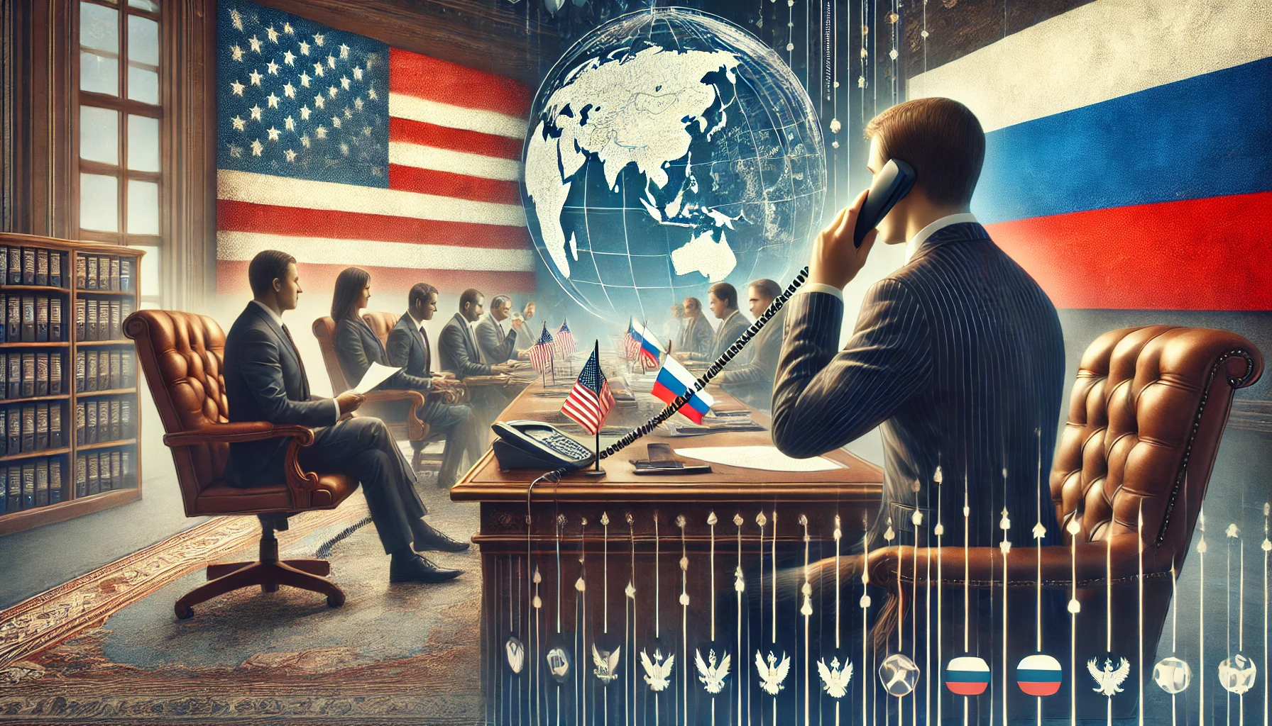 DALL·E 2025 02 16 13.41.07 A conceptual digital illustration representing a high level diplomatic phone call between U.S. and Russian officials. The scene is divided into two se