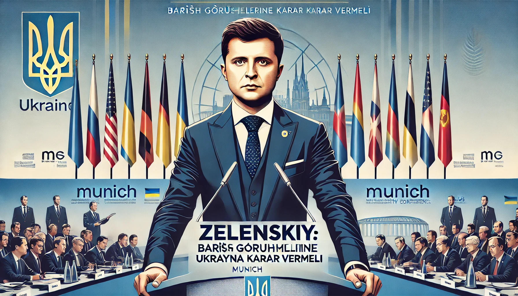 DALL·E 2025 02 16 14.14.50 A serious and professional news cover design for an article about Ukraines President Volodymyr Zelenskyy speaking at the Munich Security Conference.
