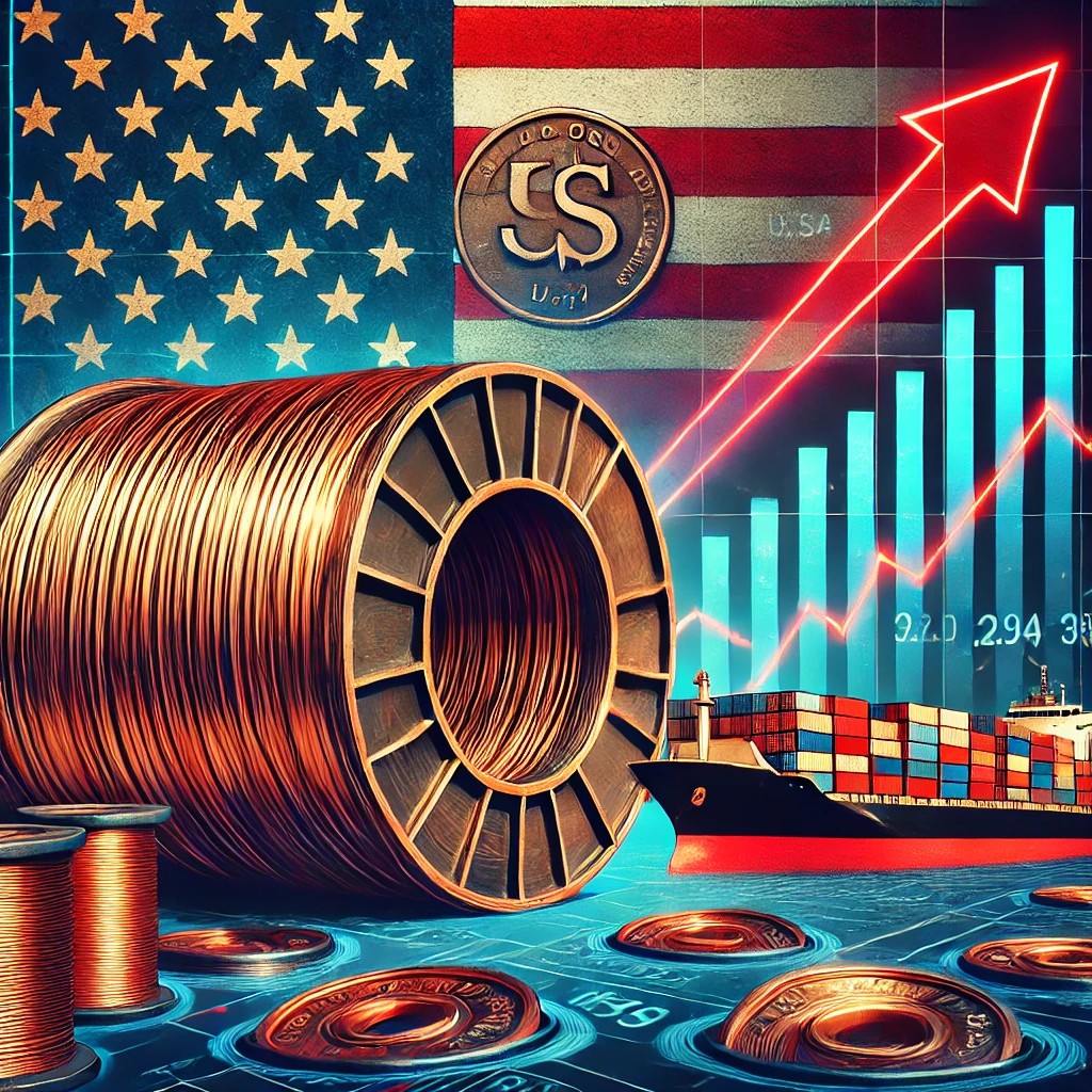 DALL·E 2025 02 16 20.32.28 A visually striking digital illustration depicting the impact of US tariffs on copper wire. The image features large coils of shiny copper wire with a
