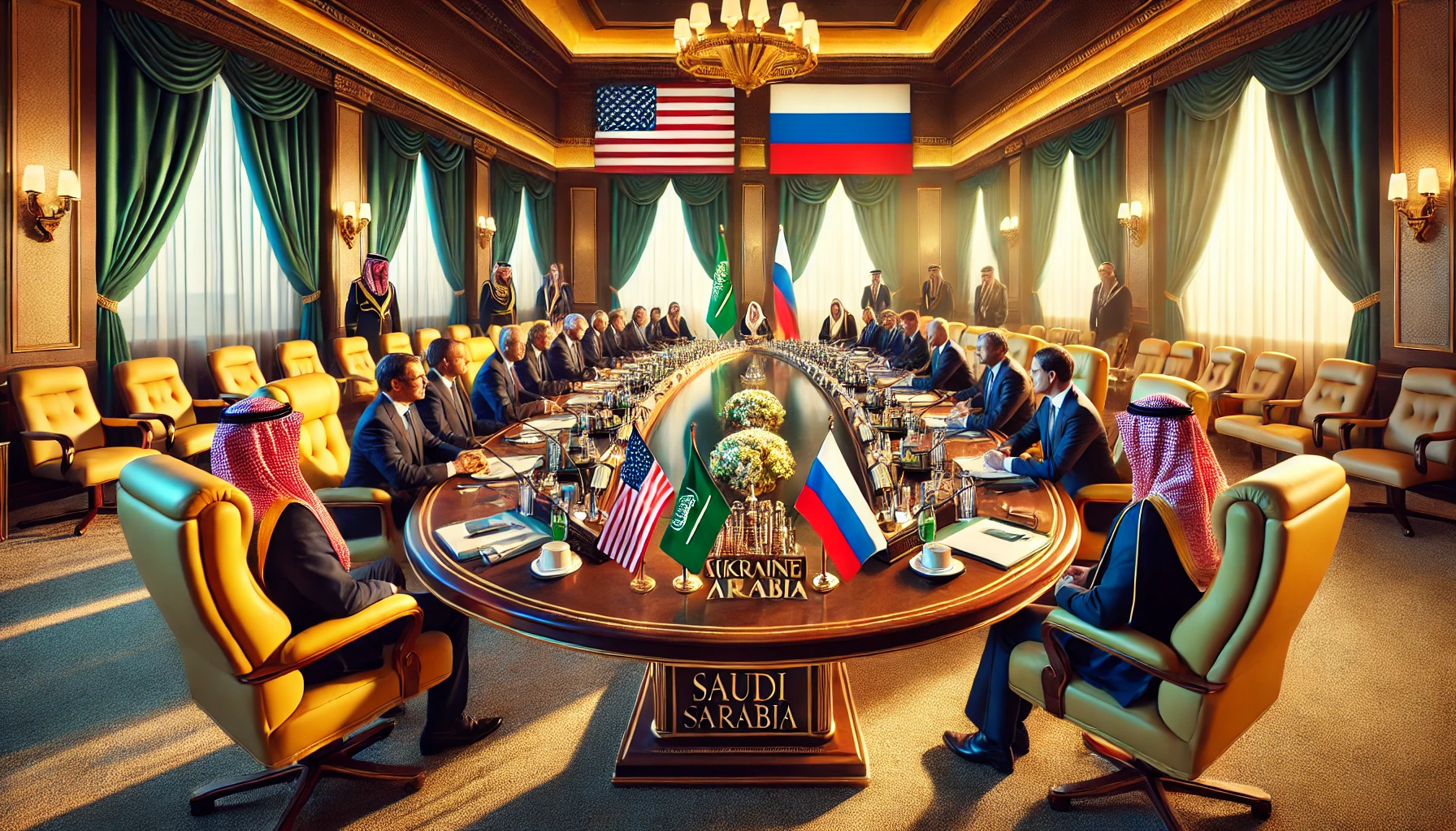 DALL·E 2025 02 16 20.51.12 A high level diplomatic meeting in Saudi Arabia featuring representatives from the United States and Russia discussing the Ukraine conflict. The sett
