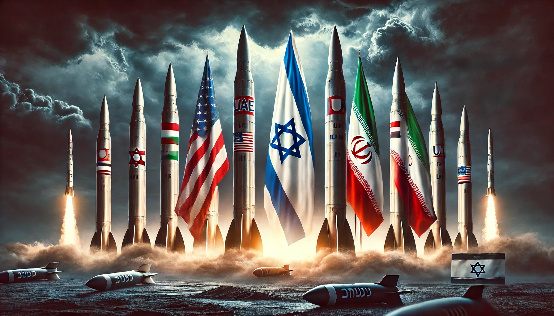DALL·E 2025 02 16 21.03.09 A dramatic digital painting featuring the flags of the United States United Arab Emirates UAE Israel and Iran prominently displayed against a da