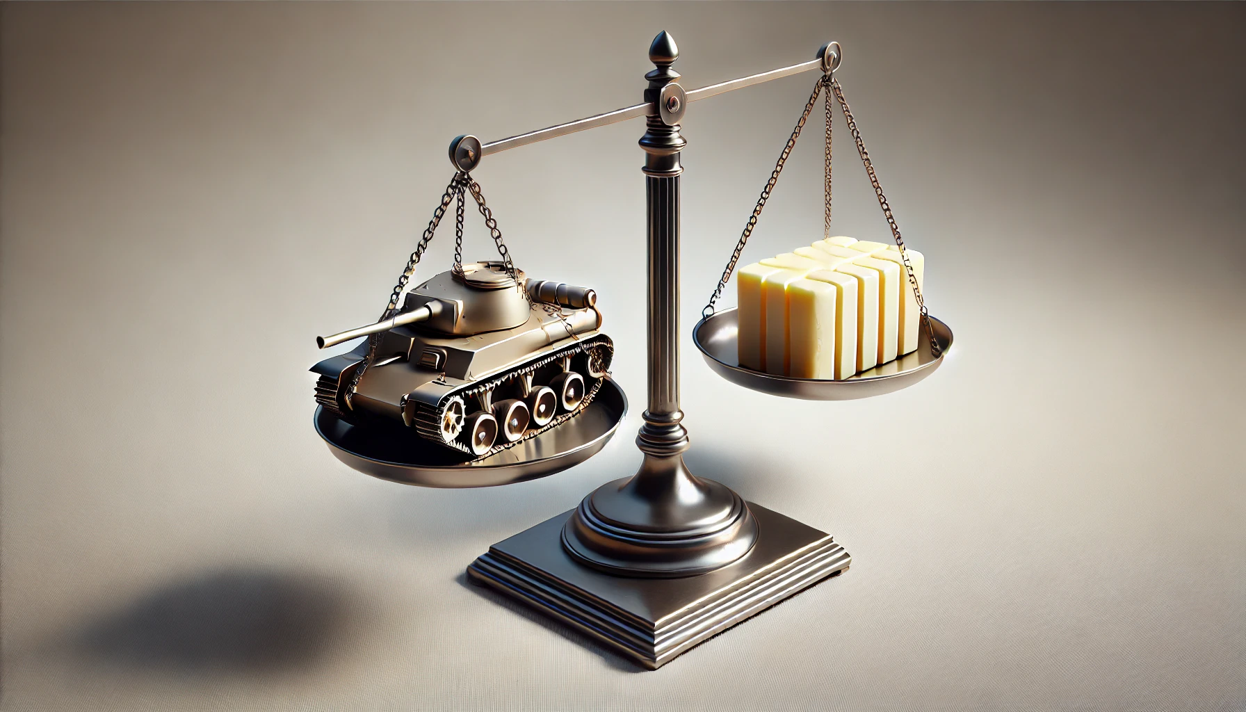 DALL·E 2025 02 16 21.28.22 A realistic 3D rendered close up of a balance scale viewed slightly from above. On one side of the scale a small detailed tank lies horizontally and 1