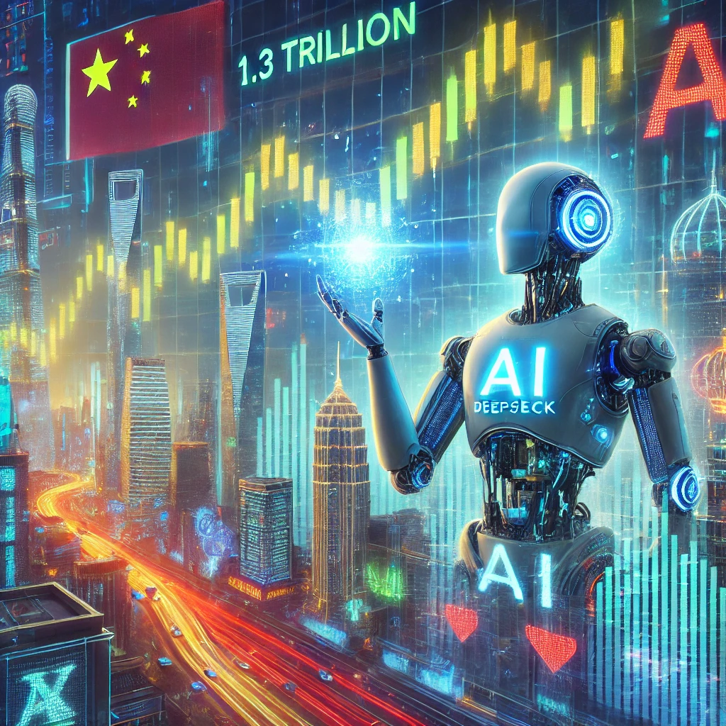 DALL·E 2025 02 16 21.33.19 A visually striking digital illustration of Chinas stock market surge driven by AI advancements. The image features a futuristic financial district w