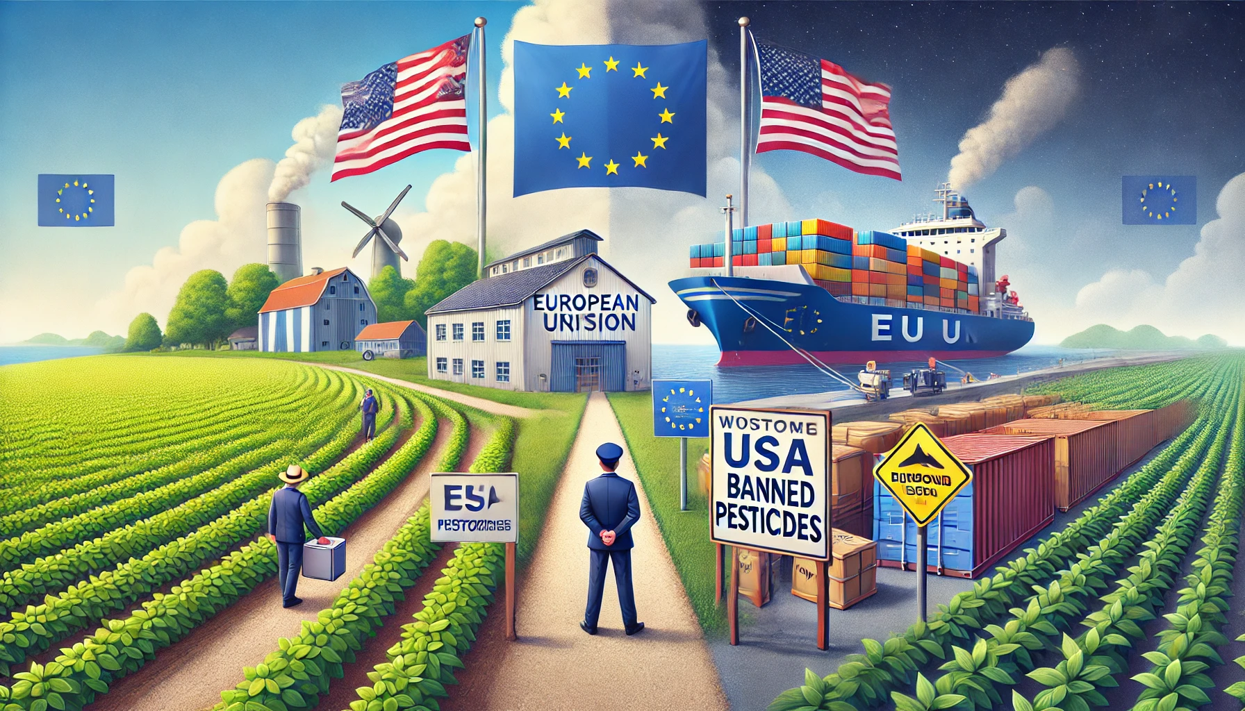 DALL·E 2025 02 16 21.46.39 A digital illustration depicting the European Unions new agricultural import restrictions due to banned pesticides. The image features a split compos
