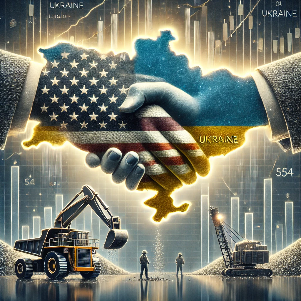 DALL·E 2025 02 16 21.49.25 A striking digital illustration representing the U.S. Ukraine critical minerals negotiations. The image features a symbolic handshake between two figu