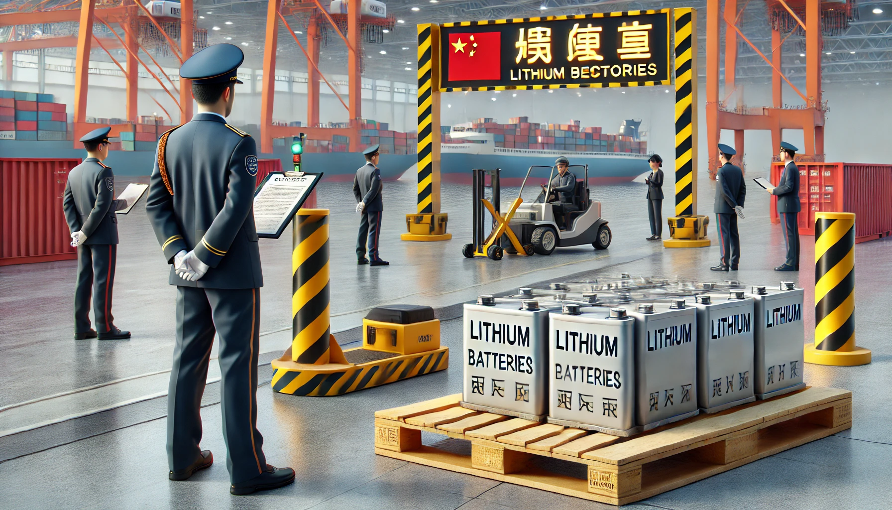 DALL·E 2025 02 16 21.56.39 A realistic digital illustration depicting Chinas recent restrictions on high tech exports. The image features a Chinese customs checkpoint where off