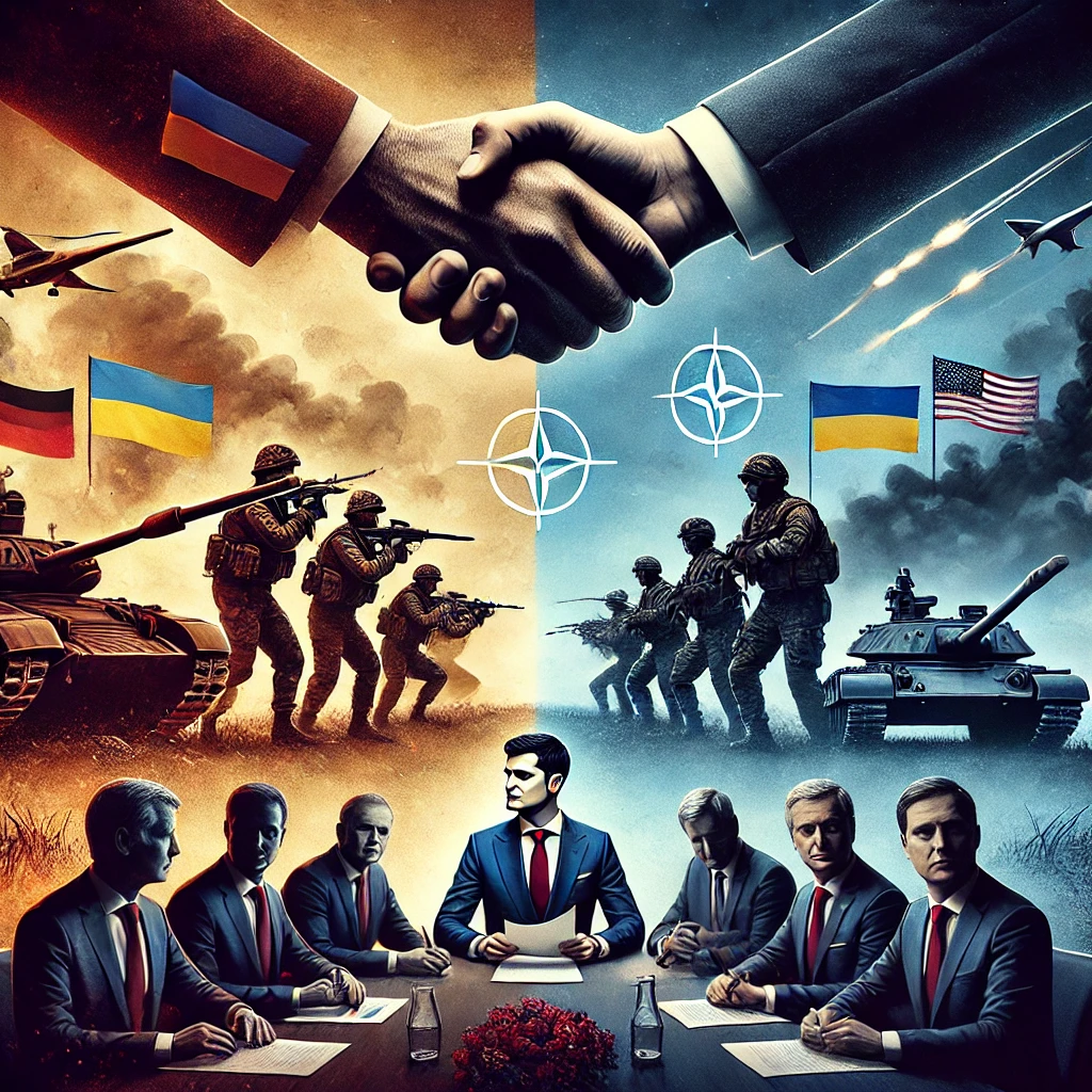 DALL·E 2025 02 16 22.17.14 A dramatic digital illustration of Ukraine Russia peace talks with President Zelenskyy at the negotiation table. He faces symbolic figures representin