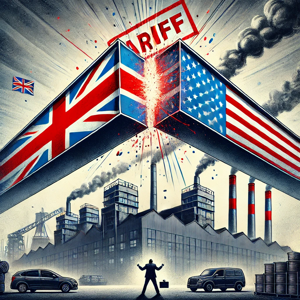 DALL·E 2025 02 16 22.28.37 A powerful digital illustration depicting the impact of Trumps steel tariffs on the UK and US. The image features two massive steel beams one with t