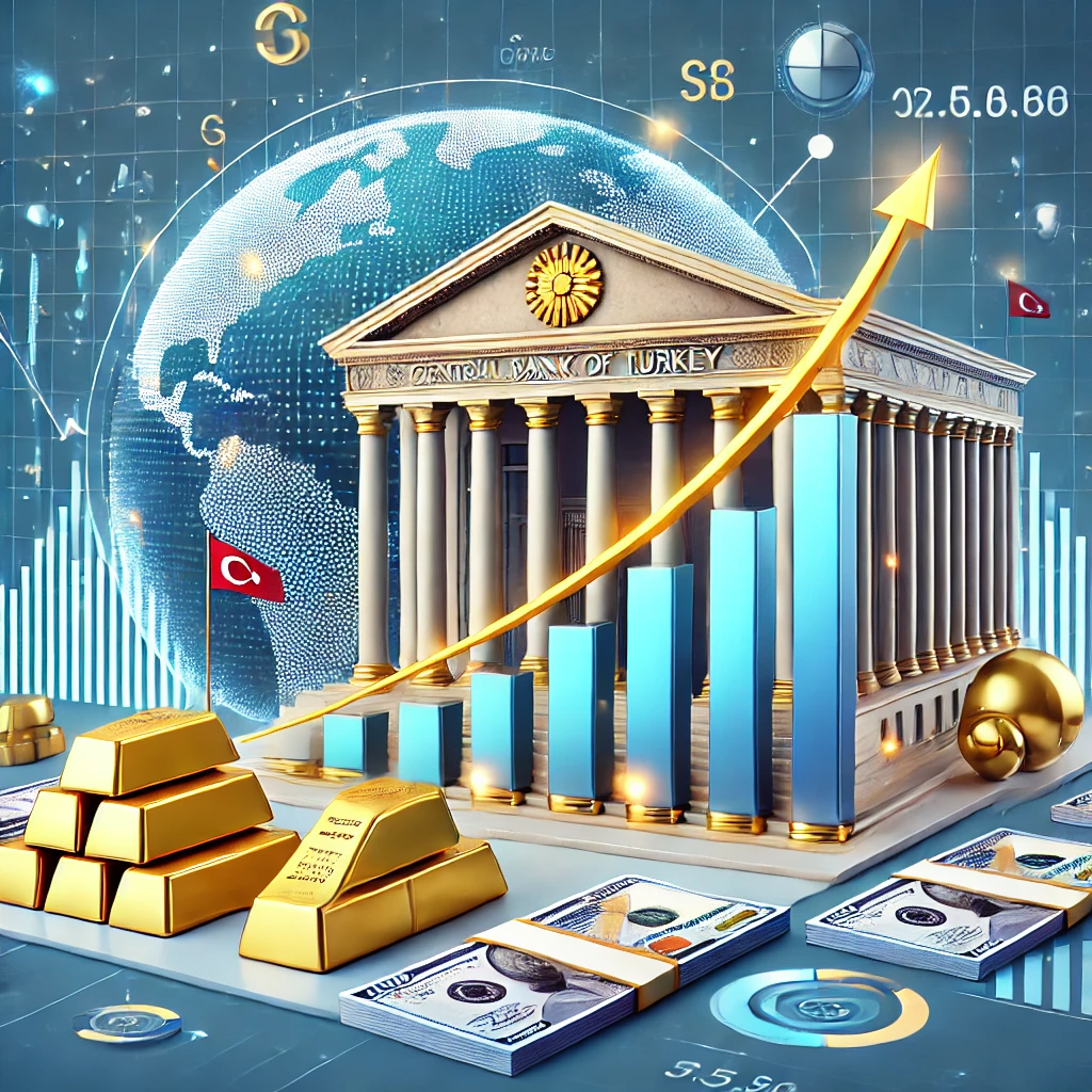 DALL·E 2025 02 18 10.35.59 A visually engaging infographic showcasing the increase in the Central Bank of Turkeys TCMB foreign exchange reserves. The image includes a rising