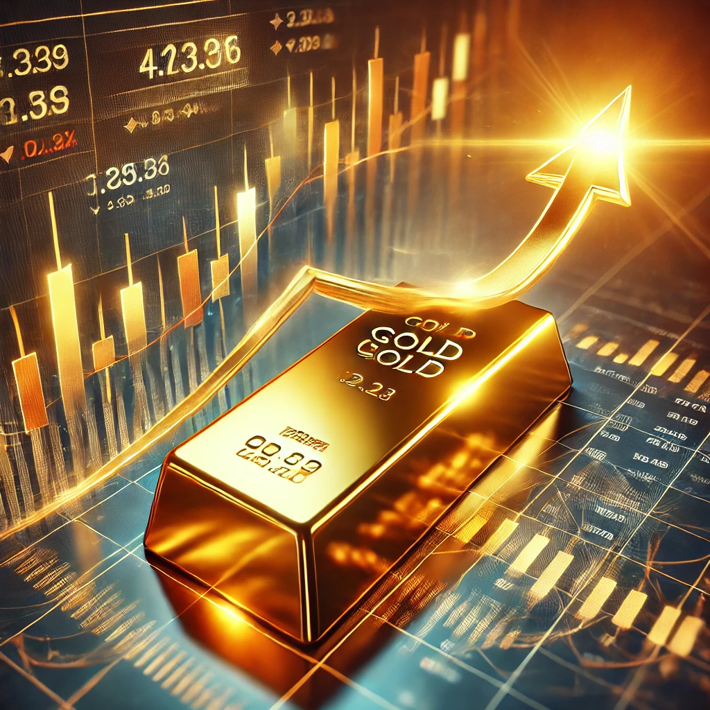 DALL·E 2025 02 18 14.44.35 A realistic financial news graphic featuring a gold bar with a glowing upward trend arrow symbolizing rising gold prices. The background includes a s