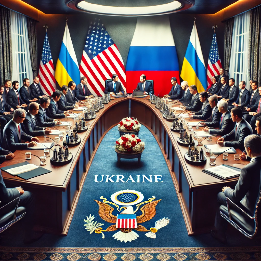 DALL·E 2025 02 18 15.18.28 A realistic news graphic depicting a high level diplomatic meeting between U.S. and Russian officials discussing Ukraine peace negotiations. The setti