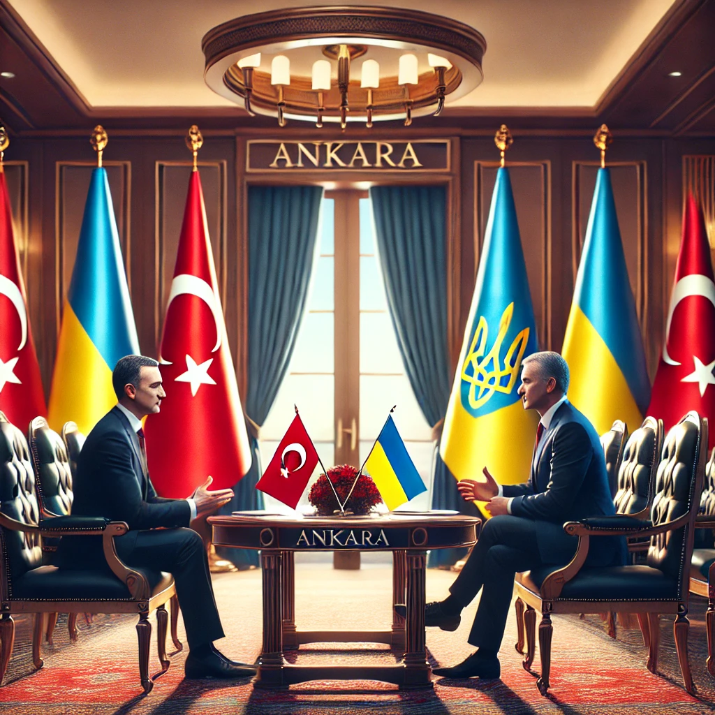 DALL·E 2025 02 18 15.31.26 A diplomatic meeting scene in Ankara featuring a formal conference room with Turkish and Ukrainian flags in the background. Two leaders are engaged i