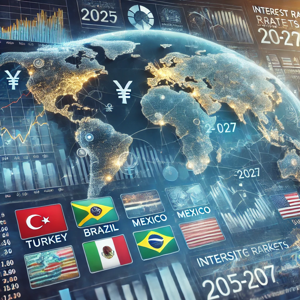 DALL·E 2025 02 20 13.10.57 A professional financial news graphic illustrating interest rate and currency forecasts for emerging markets in 2025 2027. The image features a world 1 1