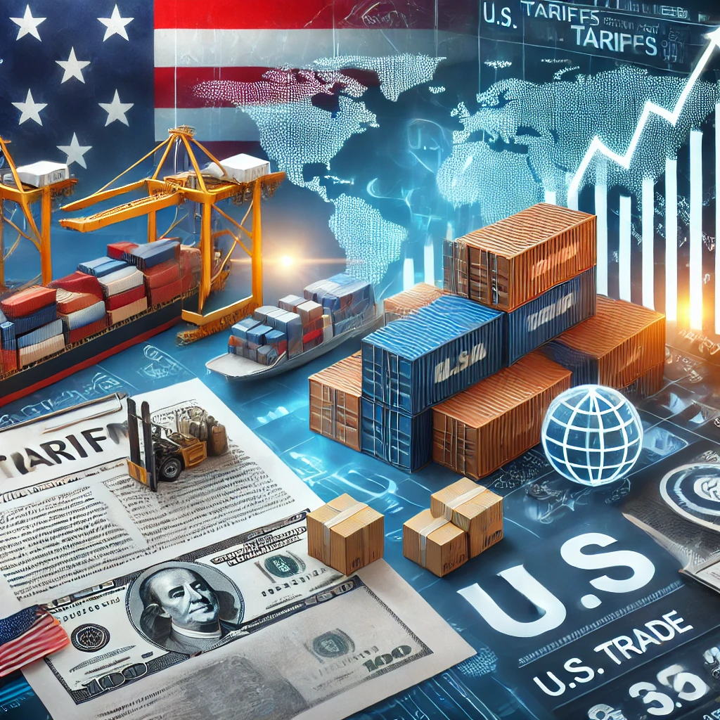 DALL·E 2025 02 20 13.21.25 A financial news graphic focusing on U.S. tariffs and trade policies. The image features shipping containers customs checkpoints and tariff document