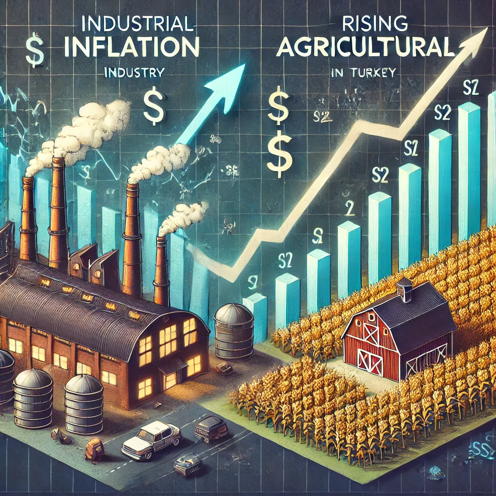 DALL·E 2025 02 20 13.36.50 A financial news cover graphic illustrating the contrast between slowing industrial inflation and rising agricultural costs in Turkey. The image featu