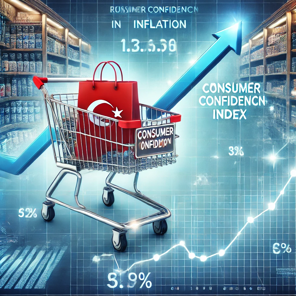 DALL·E 2025 02 20 18.29.17 A financial news graphic illustrating rising consumer confidence in Turkey due to decreasing inflation. The image features a shopping cart with stable