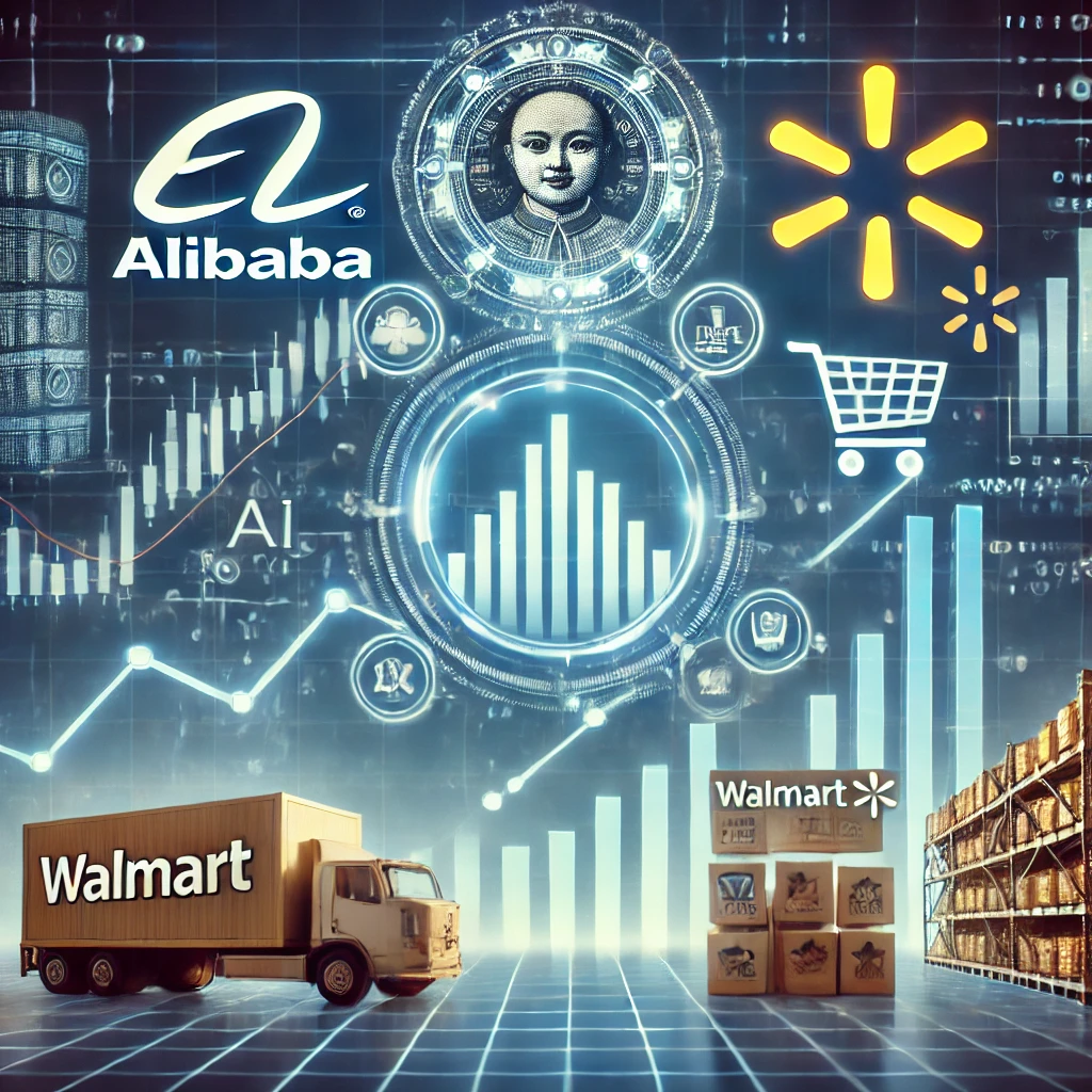 DALL·E 2025 02 20 18.34.41 A financial news graphic illustrating the earnings reports of Alibaba and Walmart. The image features stock market charts rising revenue bars and co