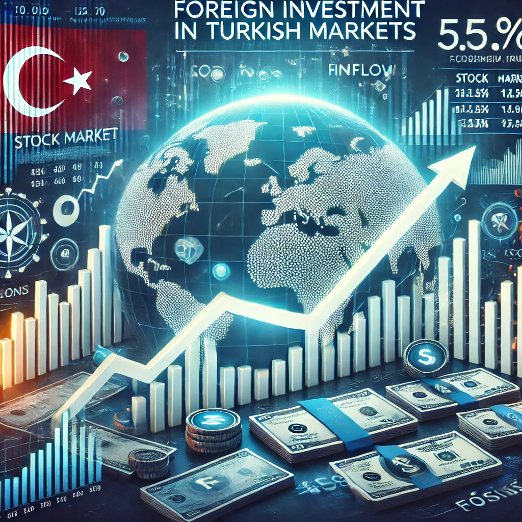 DALL·E 2025 02 20 18.42.34 A financial news graphic depicting foreign investment in Turkish markets. The image features stock market graphs with upward trends financial charts
