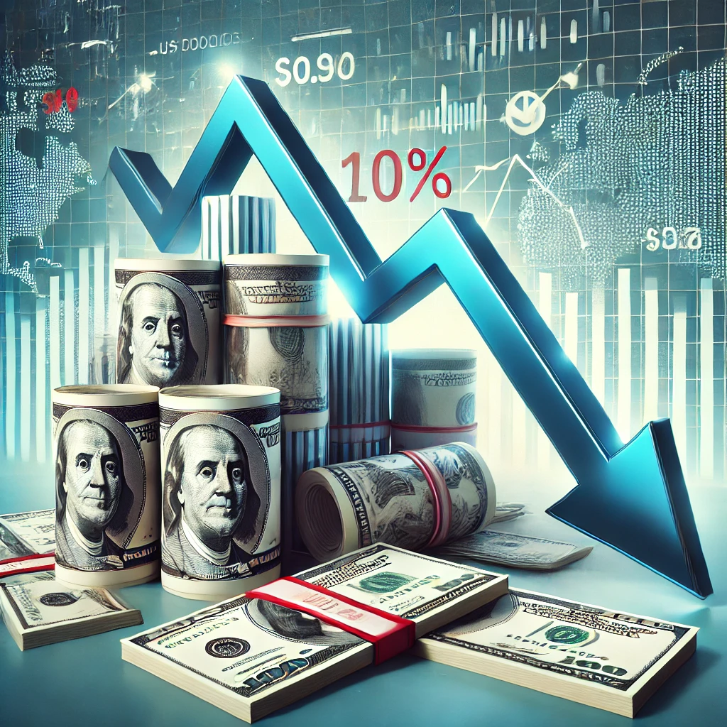DALL·E 2025 02 20 18.47.18 A financial news graphic illustrating a decline with US dollars as the main theme. The image features stacks of US dollars shrinking a downward trend