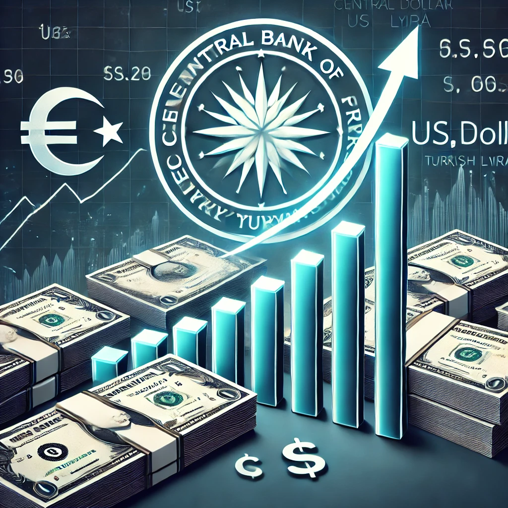 DALL·E 2025 02 20 18.50.47 A financial news graphic illustrating Turkeys central bank reserves reaching a record high. The image features a rising financial chart stacks of US