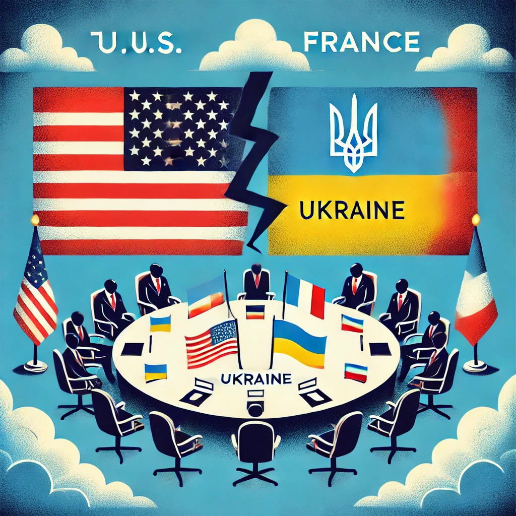 DALL·E 2025 02 25 12.38.23 A diplomatic news graphic illustrating the geopolitical tensions between the U.S. and France over Ukraine. The image should feature symbolic elements