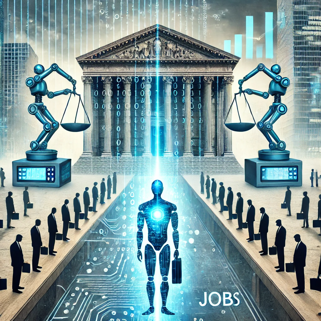 DALL·E 2025 02 25 12.52.06 A symbolic financial news graphic illustrating the impact of artificial intelligence on the workforce. The image should depict AI driven automation on