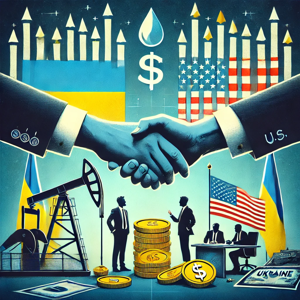 DALL·E 2025 02 25 13.31.37 A financial and geopolitical news graphic illustrating the natural resource dispute between Ukraine and the U.S. The image should feature symbolic ele