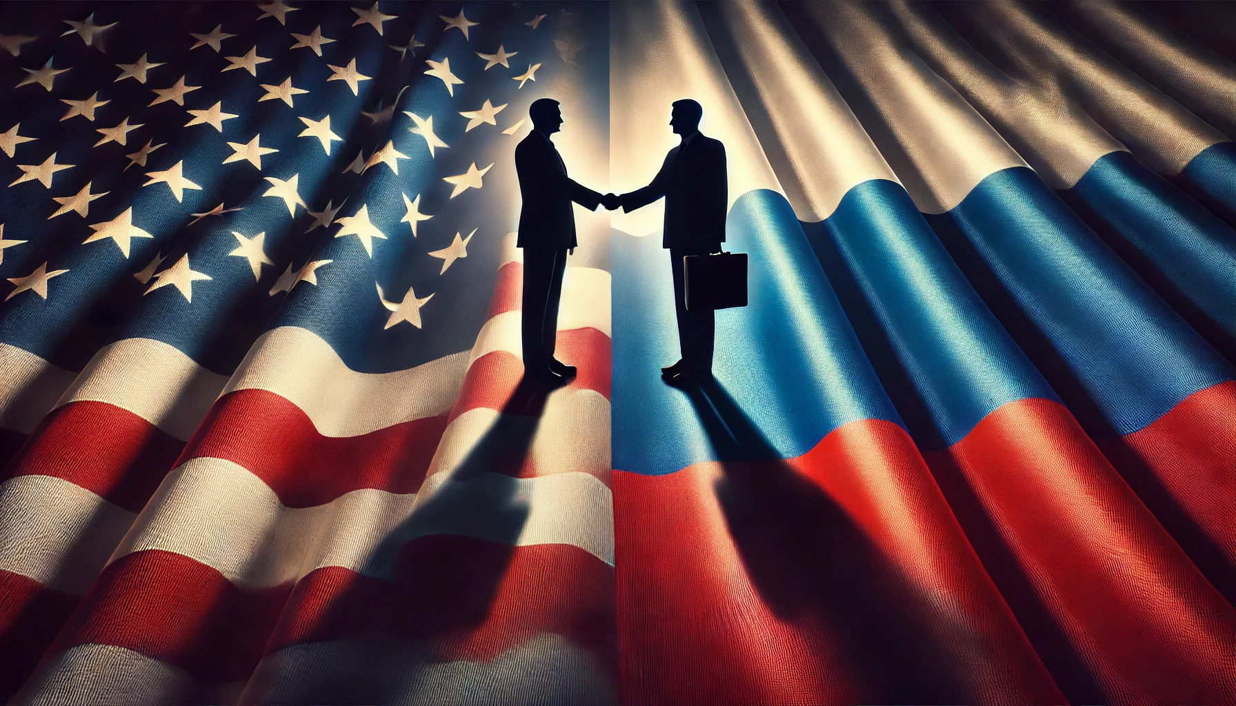 DALL·E 2025 02 25 18.15.12 A symbolic image representing diplomatic relations between the U.S. and Russia. The background features a split design with the American and Russian f