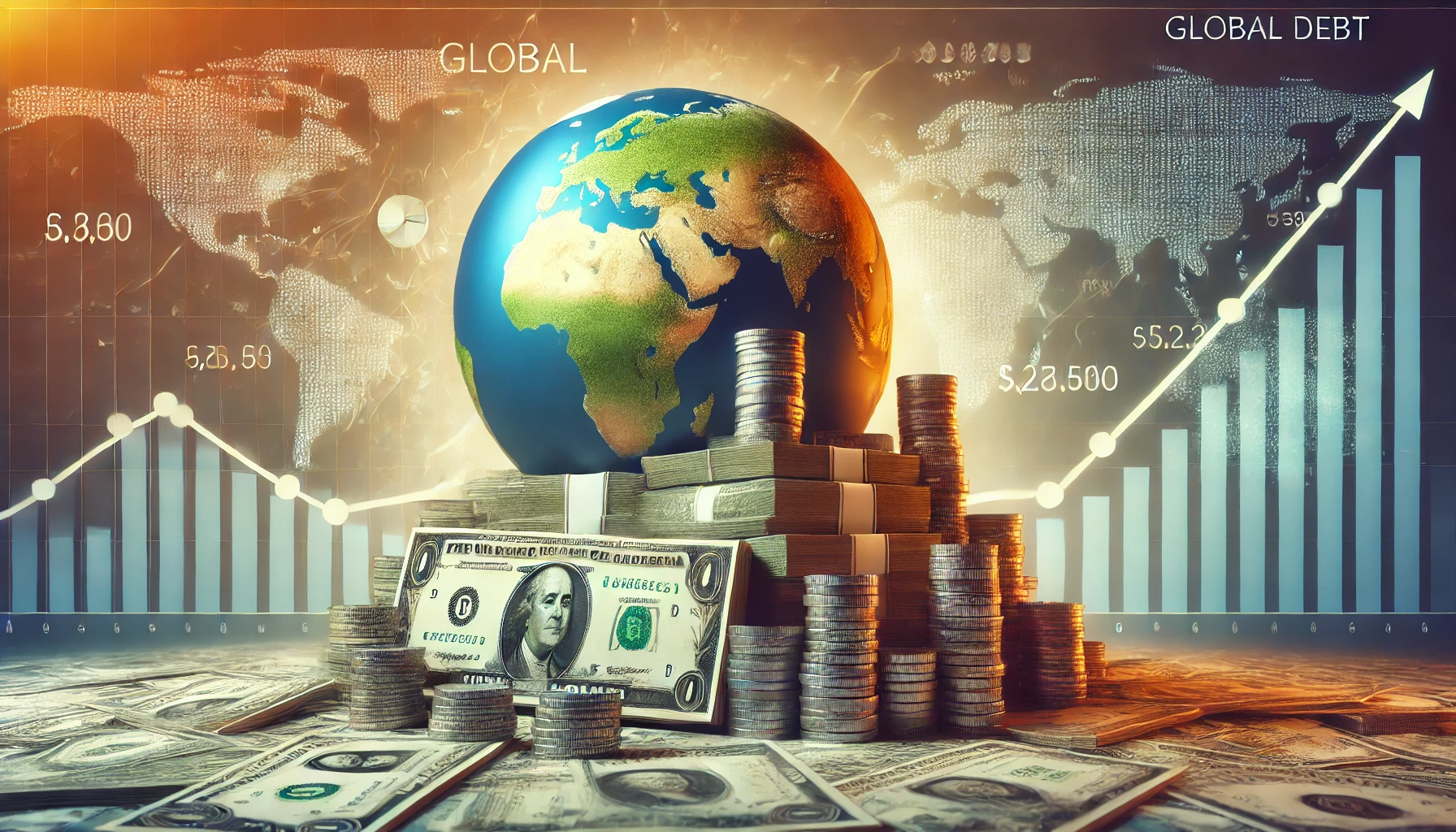 DALL·E 2025 02 25 18.46.03 A conceptual financial illustration showing global debt reaching a record high. The image features stacks of banknotes and coins towering over a globe