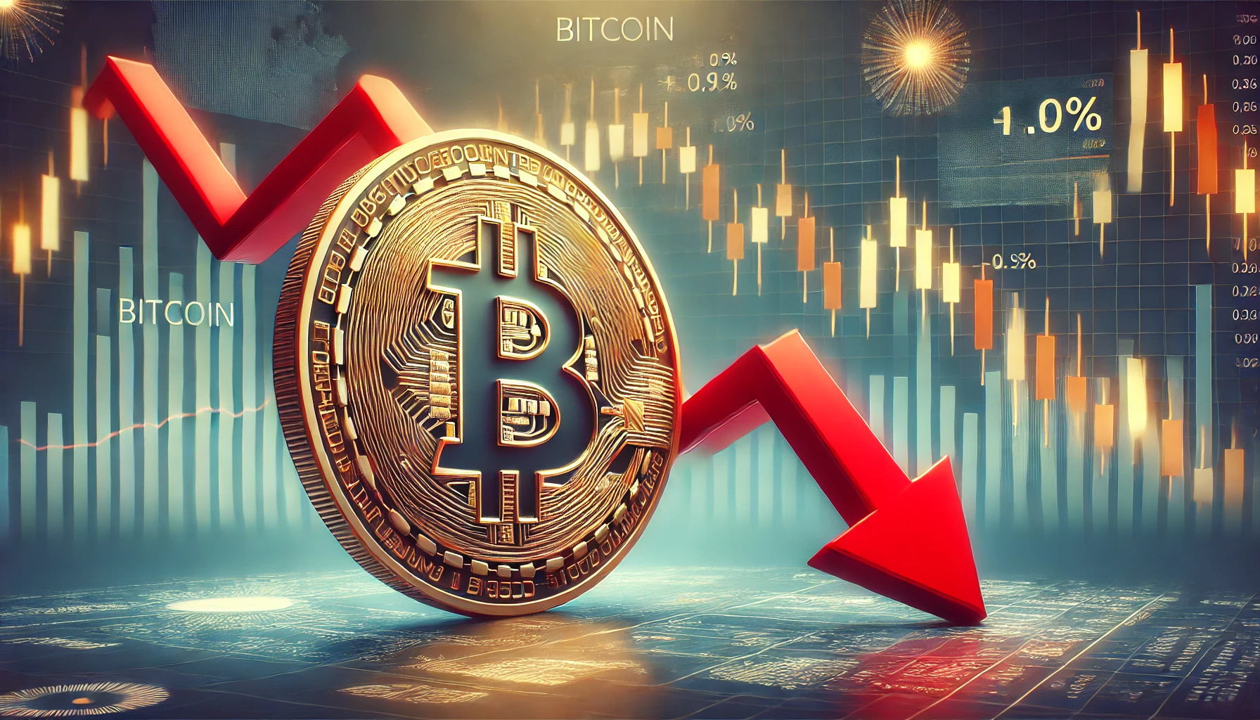 DALL·E 2025 02 25 18.53.49 A conceptual financial illustration depicting Bitcoin price decline. The image features a large Bitcoin coin with a red downward arrow symbolizing a