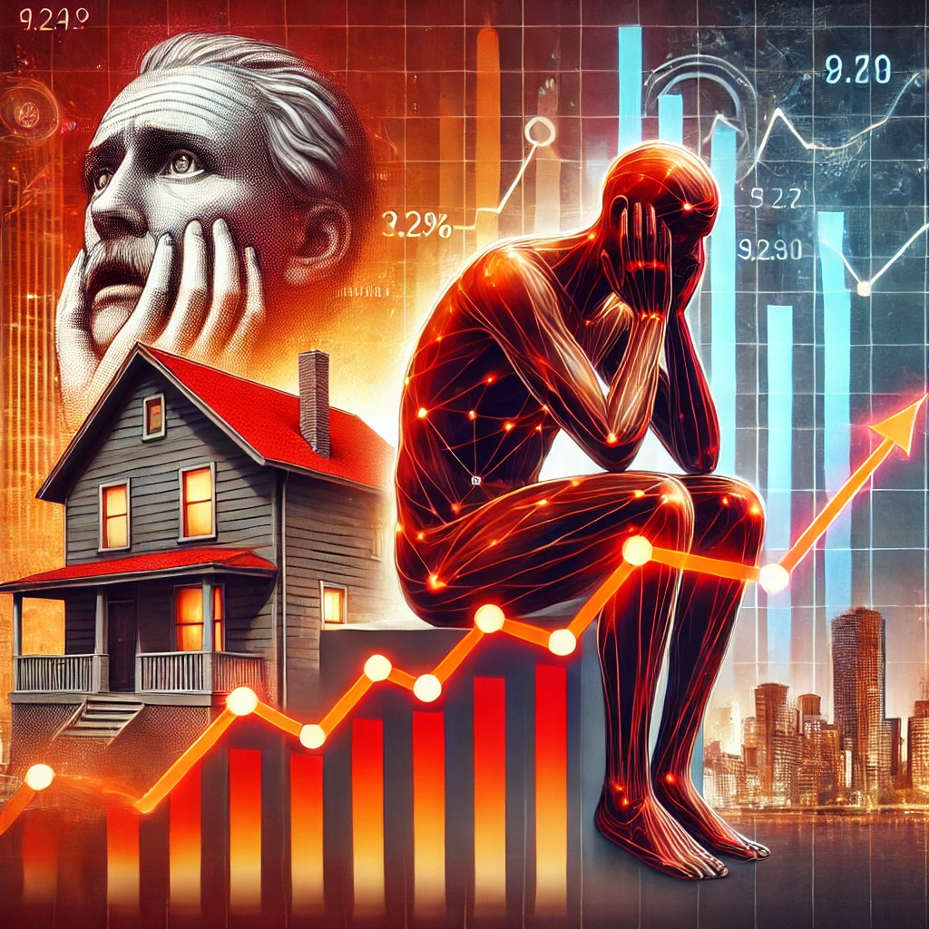 DALL·E 2025 02 25 21.33.42 A striking financial news graphic illustrating the sharp decline in U.S. consumer confidence and rising housing prices. The image features a conceptua