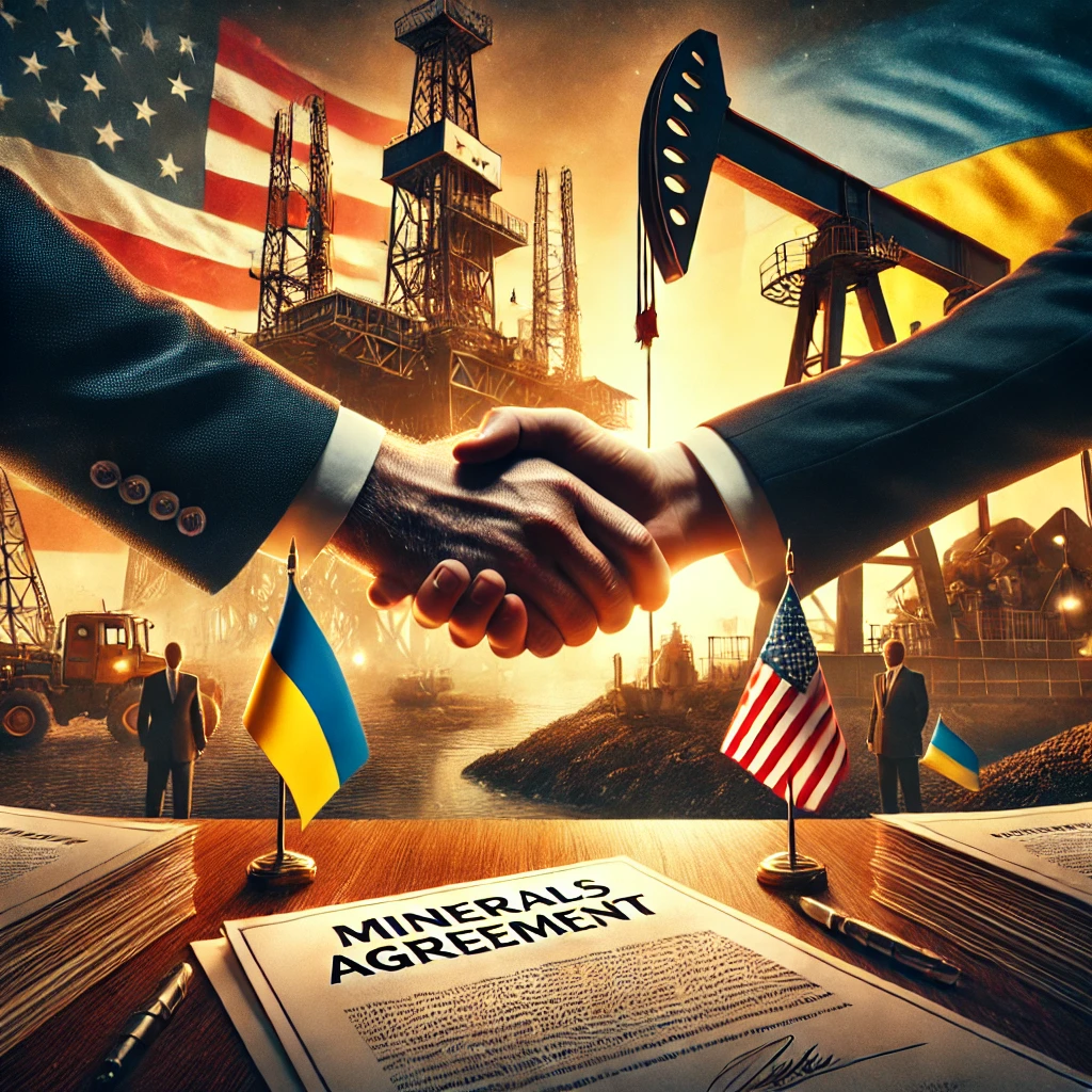 DALL·E 2025 02 25 23.08.06 A dramatic digital illustration of a handshake between U.S. and Ukrainian officials over a table with documents labeled Minerals Agreement. In the b