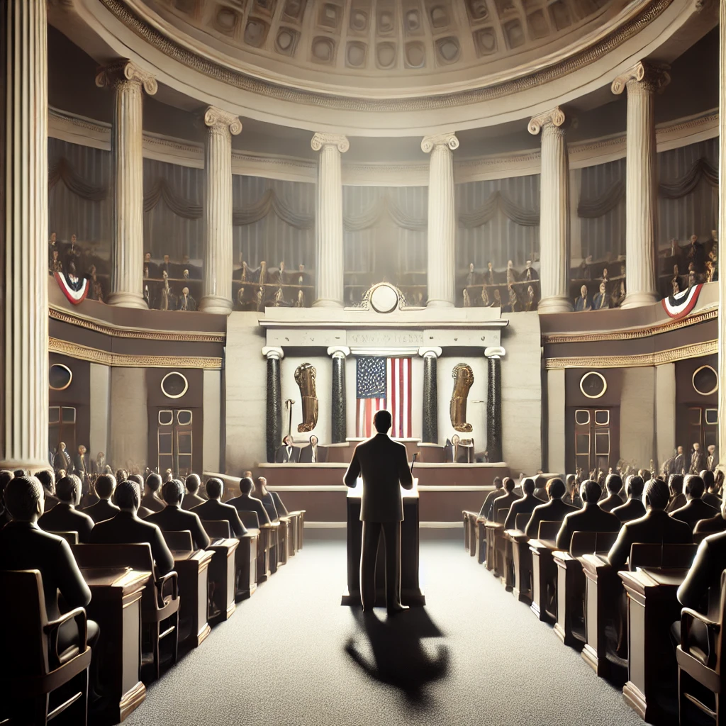 DALL·E 2025 03 05 12.00.40 A symbolic representation of a political leader addressing a grand assembly in a congressional hall. The leader stands confidently at a podium delive