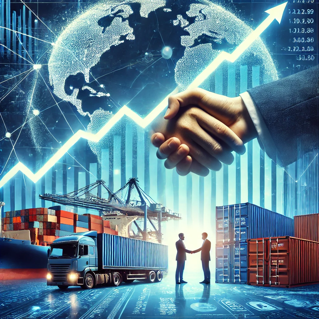 DALL·E 2025 03 05 12.08.31 A symbolic image representing economic growth and trade support. A financial graph showing an upward trend with cargo ships export containers and a