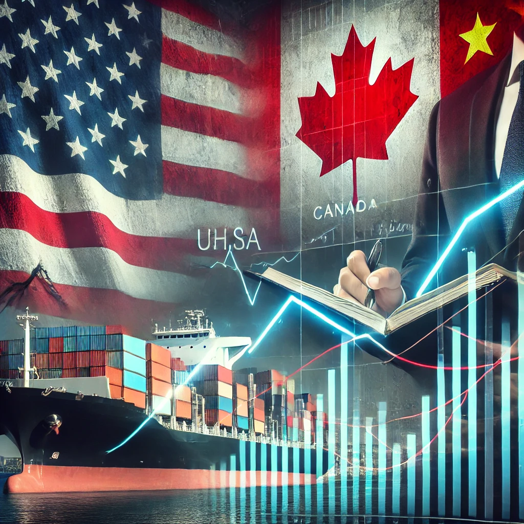 DALL·E 2025 03 05 12.17.35 A symbolic image representing trade tariffs and economic policies. A cargo ship and containers with the U.S. China Canada and Mexico flags in the b
