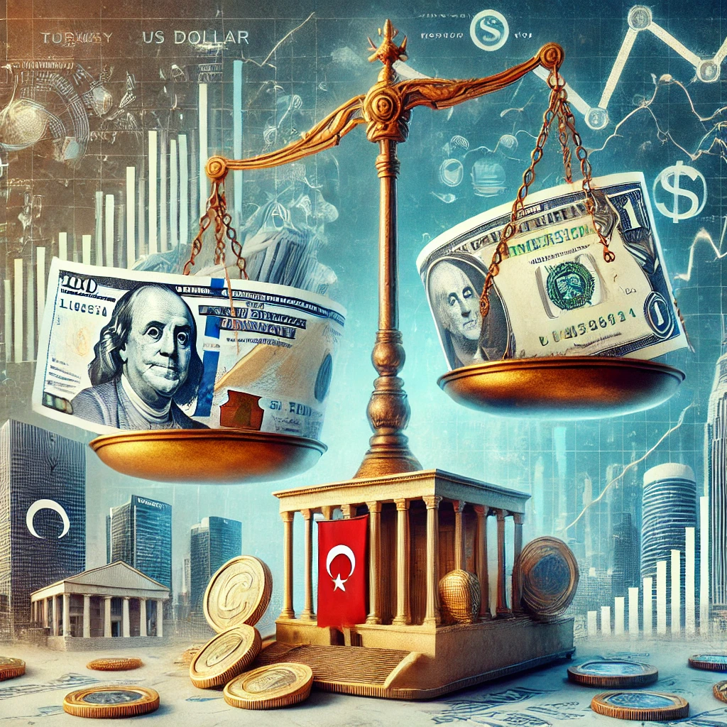 DALL·E 2025 03 05 12.20.16 A symbolic representation of dollarization in Turkey. A financial scene featuring the Turkish lira and US dollar banknotes with a balance scale symbo