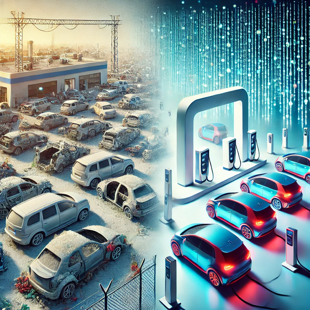 DALL·E 2025 03 05 17.58.46 A visually striking digital illustration showing a contrast between traditional gasoline cars and electric vehicles. On the left an empty car dealers