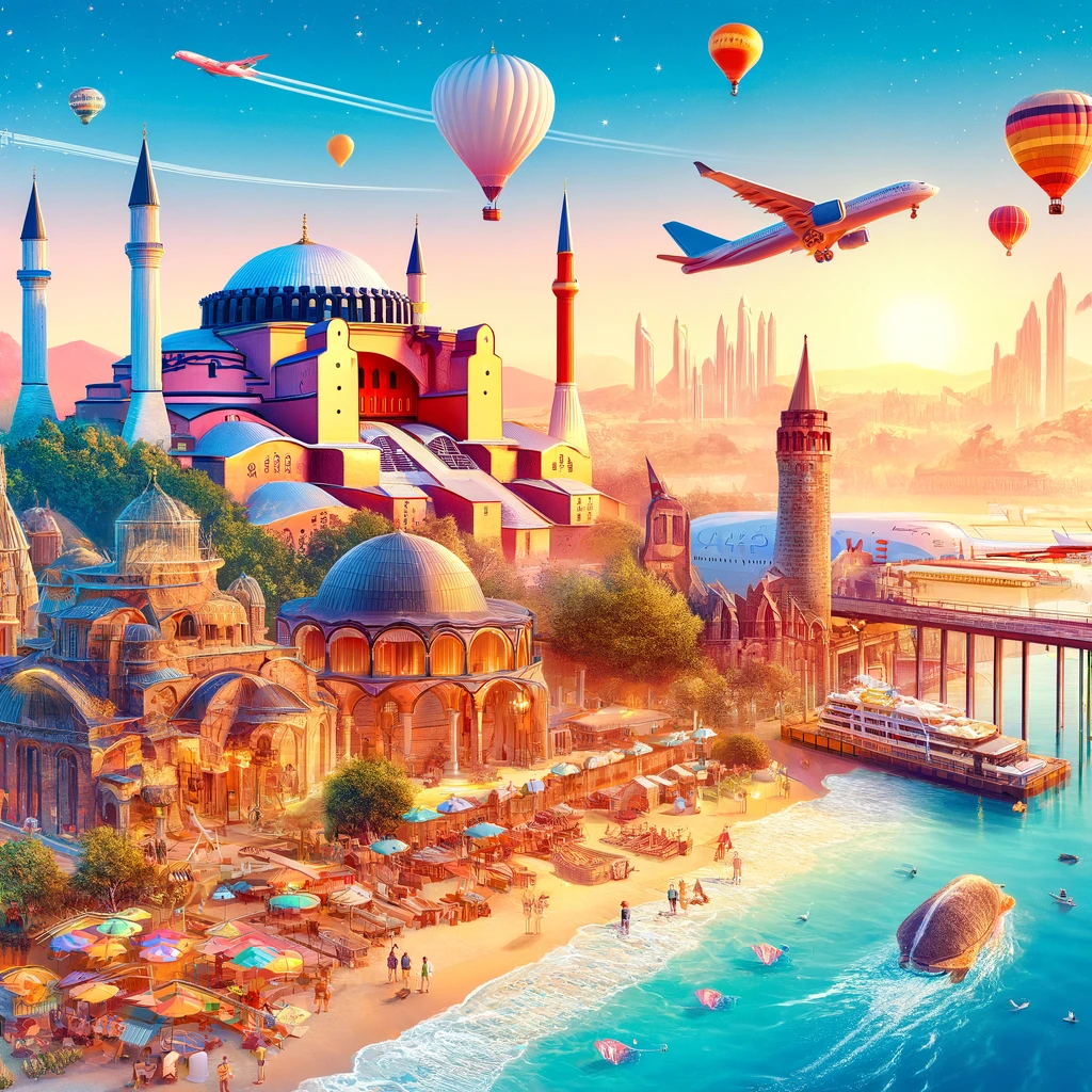 DALL·E 2025 03 05 18.01.46 A professional and visually appealing digital illustration representing Turkeys booming tourism industry in 2025. The image features a vibrant mix of