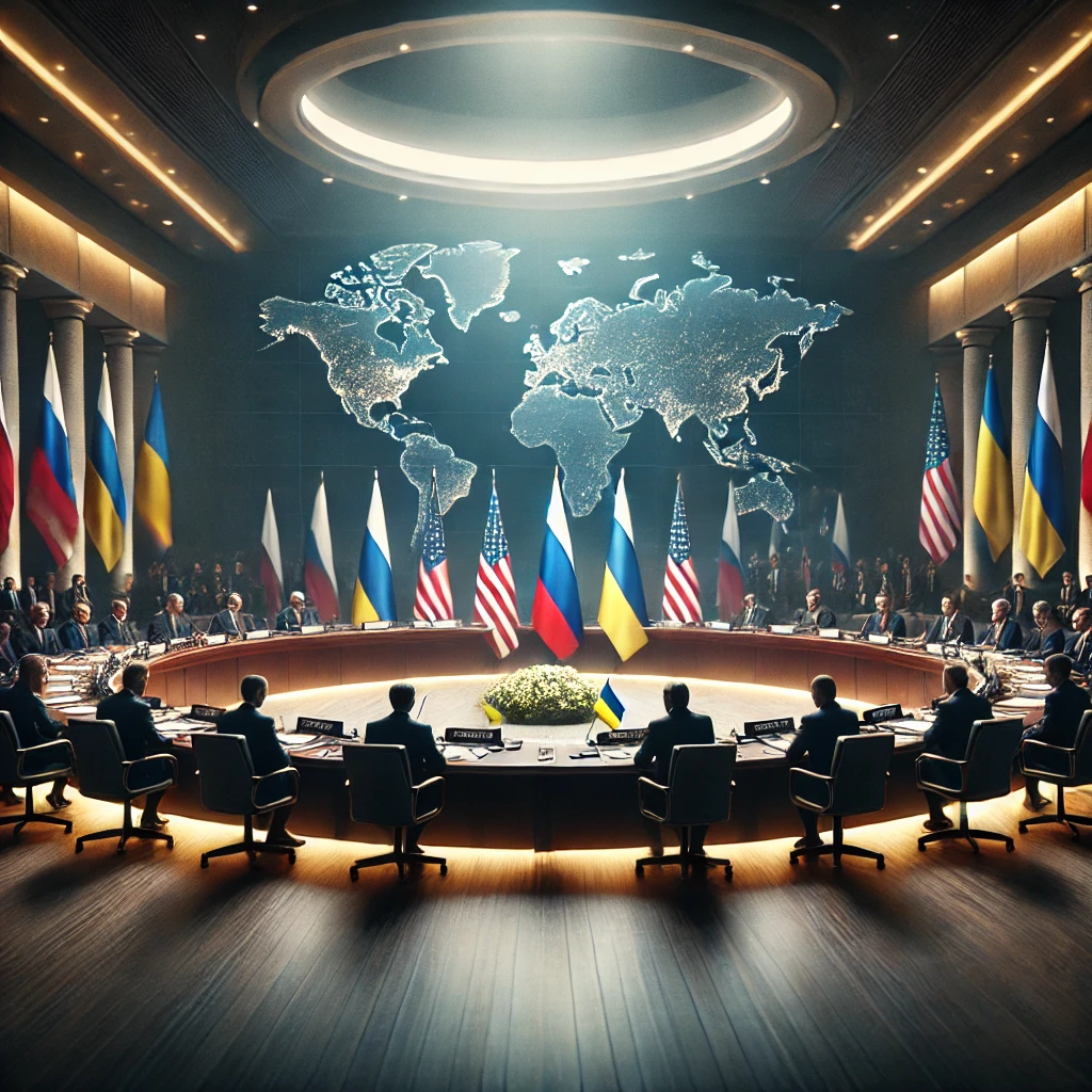 DALL·E 2025 03 05 18.11.35 A symbolic illustration of diplomatic negotiations between Russia Ukraine and the United States. The image features a large negotiation table with f