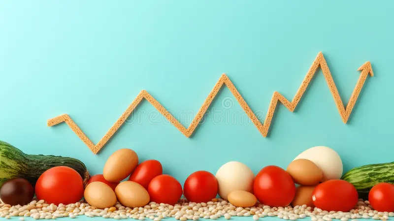 food inflation illustration price chart above eggs vegetables blue background 372396431