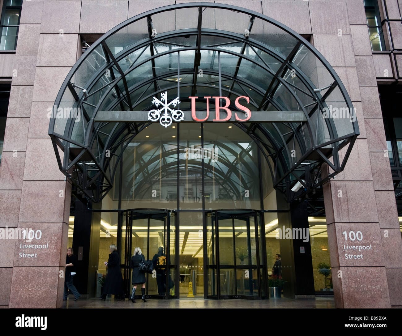 ubs bank building entrance and sign 100 liverpool street london B89BXA