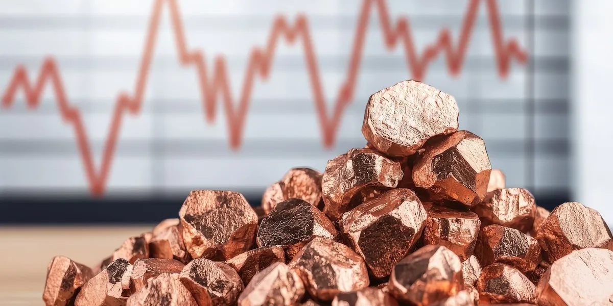 copper nuggets piled in front of a fluctuating stock chart